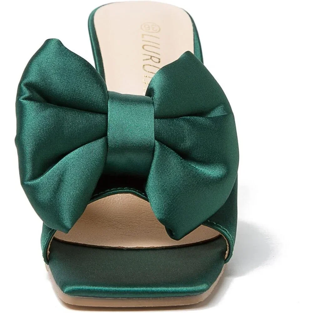 Women's Bow High Heels Mules Dress Sandals Slip On Party Wedding Bridal Green